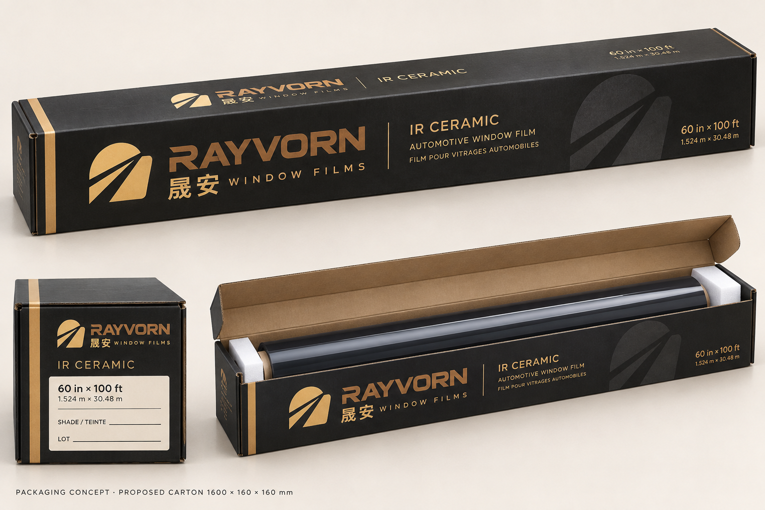 RAYVORN black-and-gold IR ceramic window film packaging concept