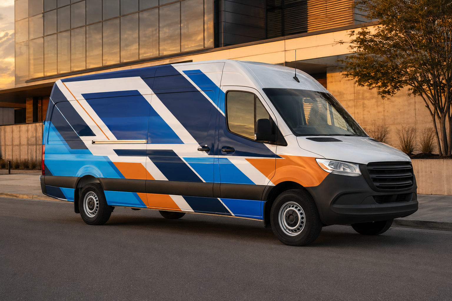 Commercial cargo van with professionally printed advertising graphics