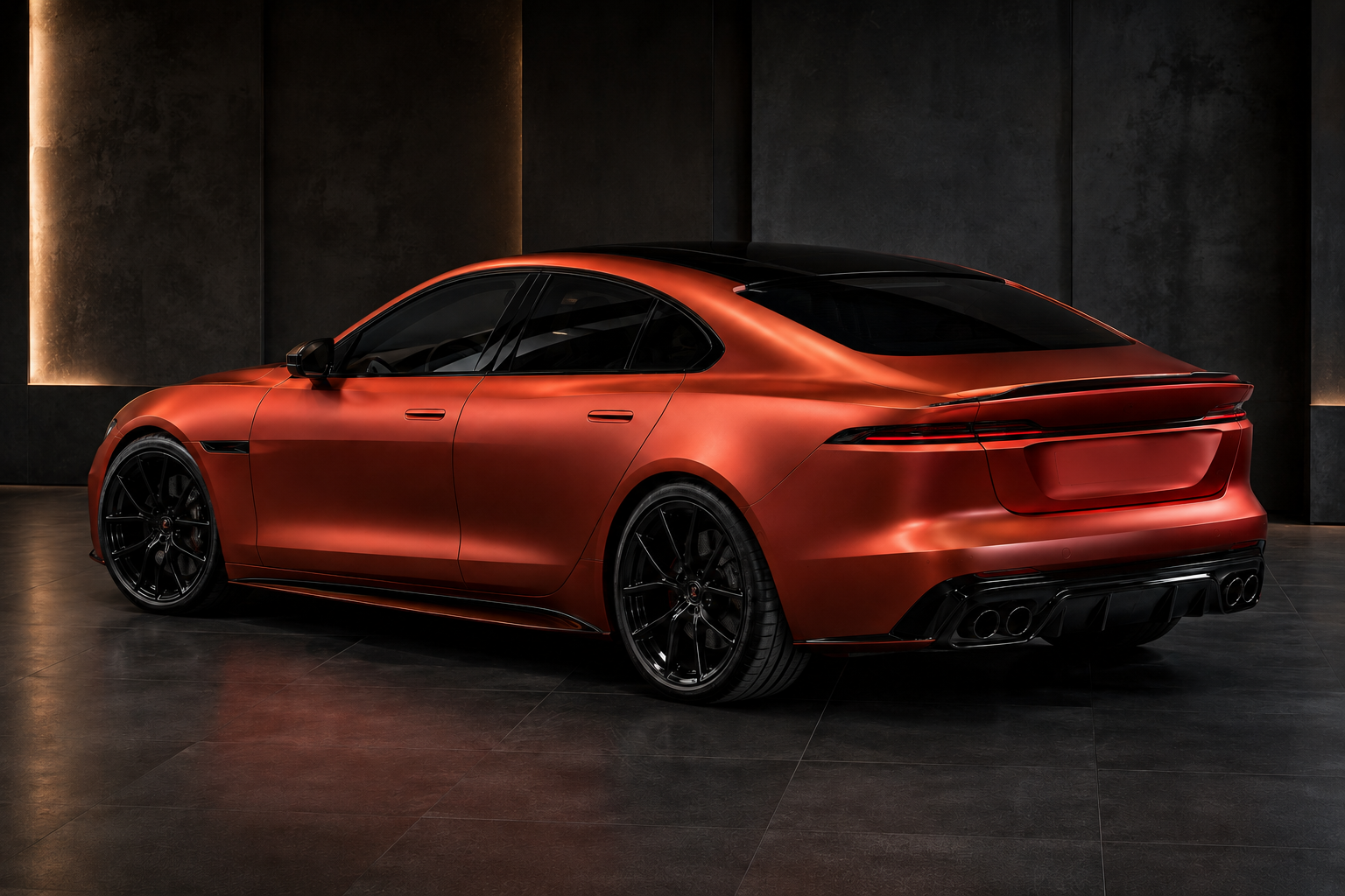 Copper-red satin colour-change wrap on a sports sedan