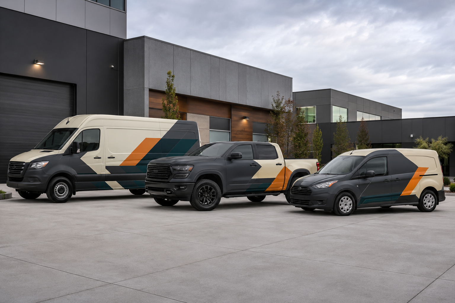 Coordinated fleet vehicles with matching professional branding graphics